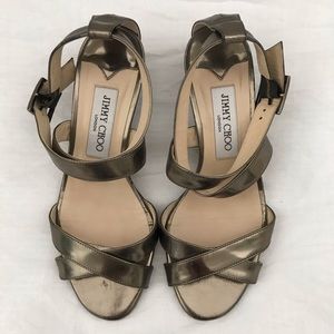Jimmy Choo Gold Strappy Block Sandals, size 6